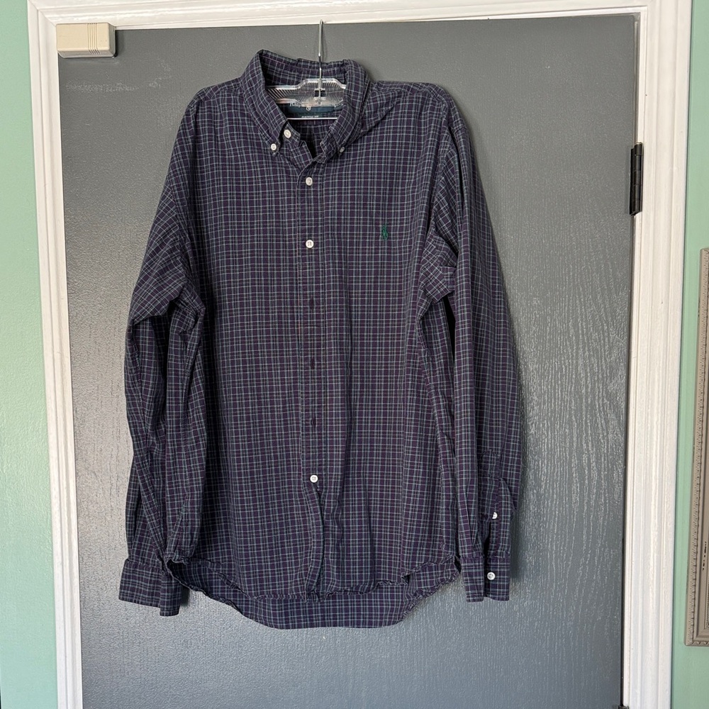 Vintage Ralph Lauren Blue Label Men's Navy and Purple Plaid Shirt